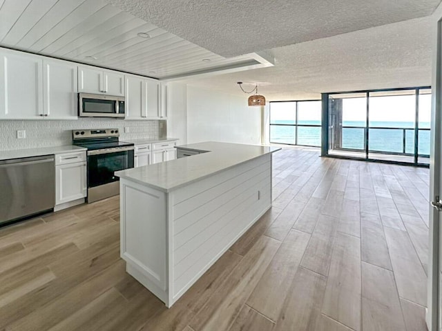 kitchen with white cabinetry, expansive windows, stainless steel appliances, a water view, and light hardwood / wood-style flooring