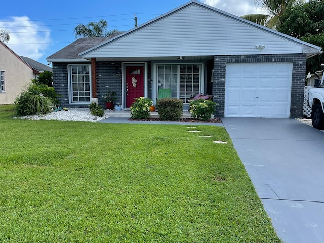 single story home featuring a garage and a front yard