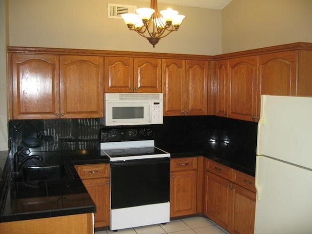 kitchen with sink, light tile patterned floors, backsplash, and white appliances