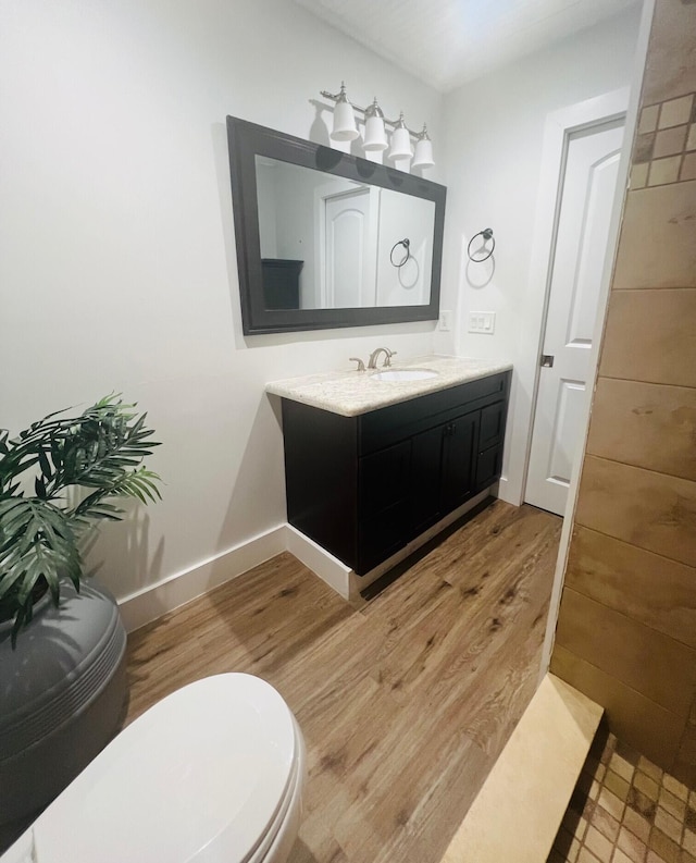 bathroom with wood-type flooring, toilet, and vanity