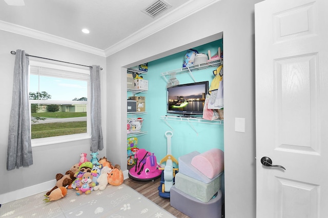 rec room with crown molding and wood-type flooring