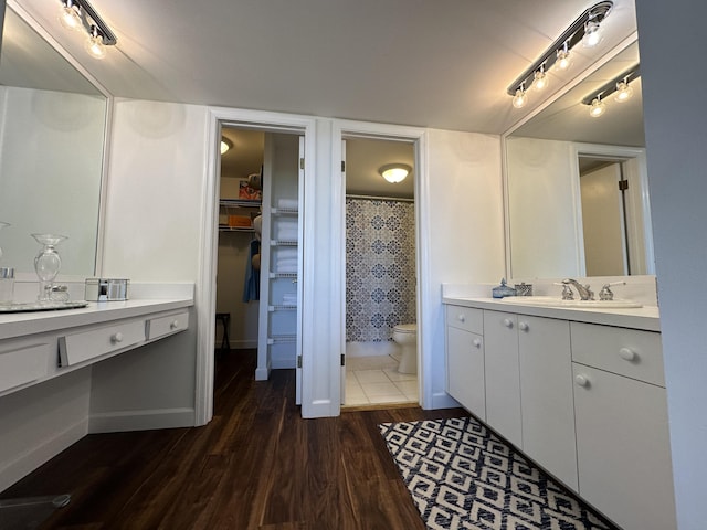 bathroom with vanity, hardwood / wood-style flooring, and toilet