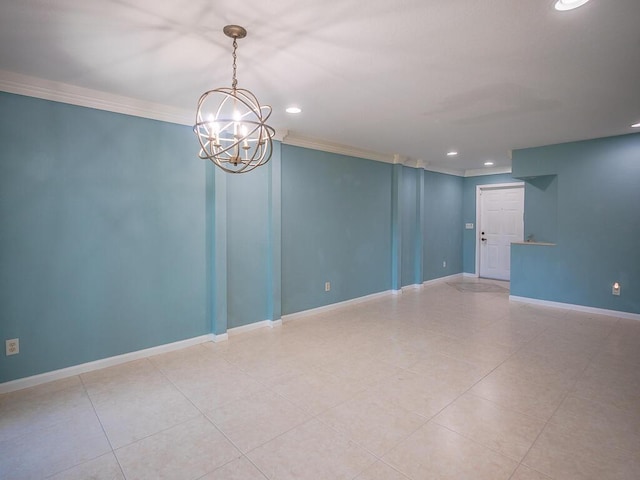 tiled empty room with ornamental molding and a notable chandelier