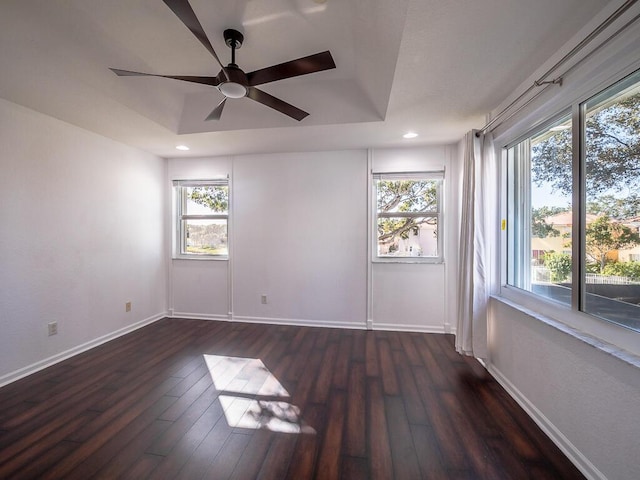 spare room featuring a raised ceiling, ceiling fan, and dark hardwood / wood-style flooring