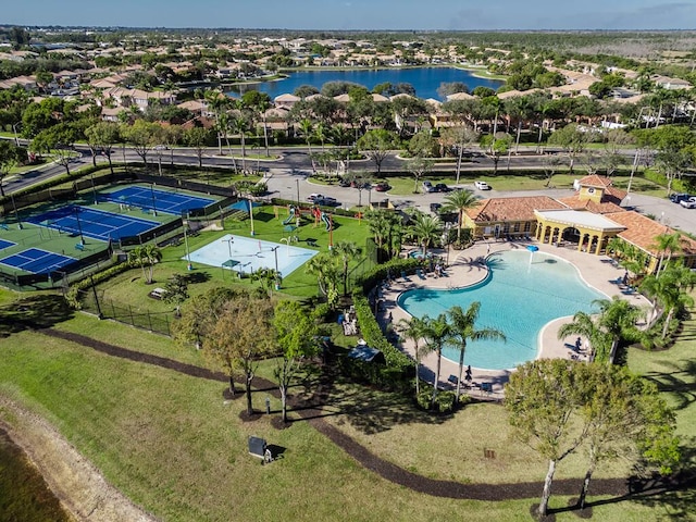 drone / aerial view featuring a water view