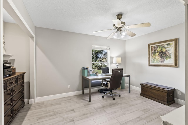 home office featuring a textured ceiling, light hardwood / wood-style floors, and ceiling fan