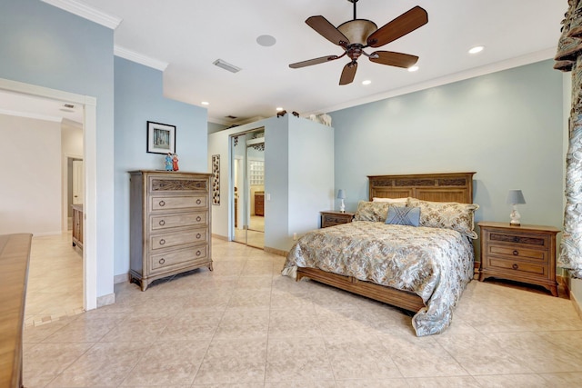 bedroom with light tile patterned floors, crown molding, and ceiling fan