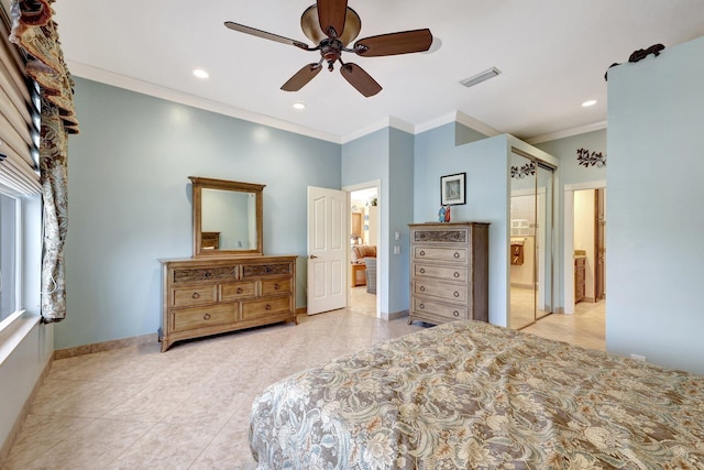 tiled bedroom featuring connected bathroom, ornamental molding, and ceiling fan