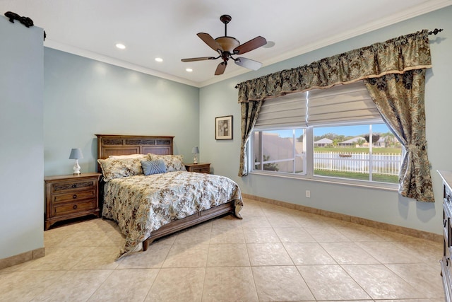 bedroom with ornamental molding, light tile patterned floors, and ceiling fan