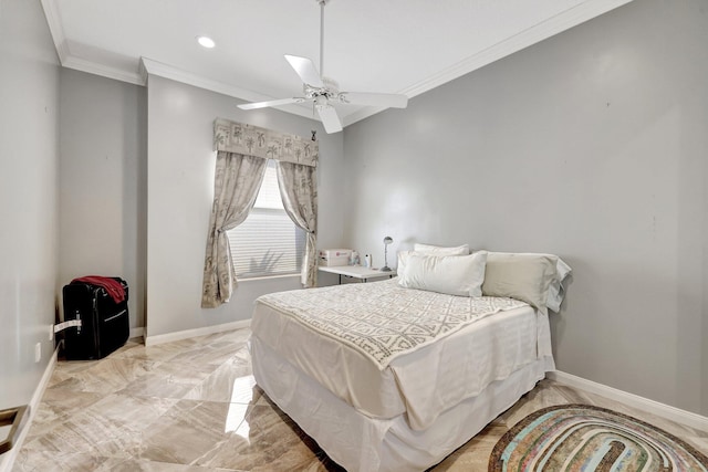 bedroom featuring ornamental molding and ceiling fan