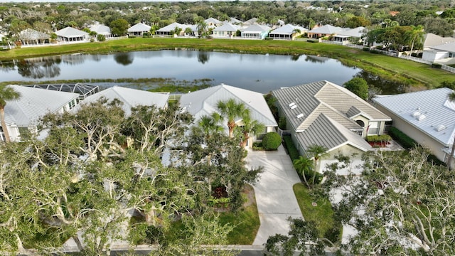 aerial view featuring a water view