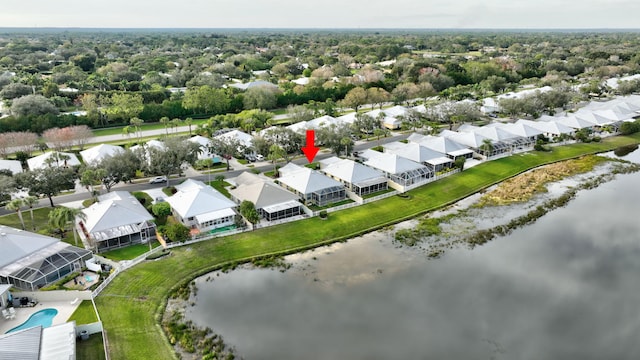 drone / aerial view featuring a water view