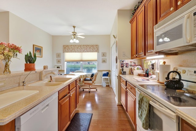 kitchen featuring hardwood / wood-style floors, sink, backsplash, ceiling fan, and white appliances