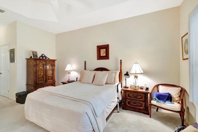 bedroom with light colored carpet