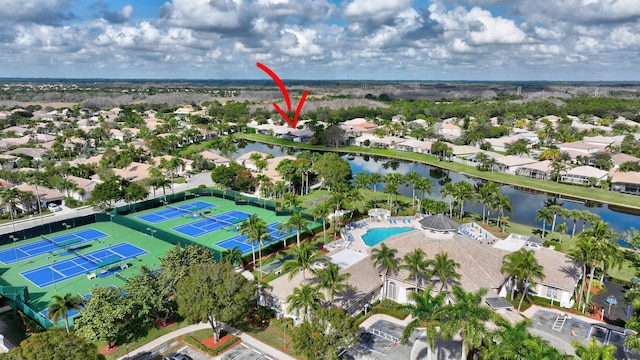 drone / aerial view featuring a water view