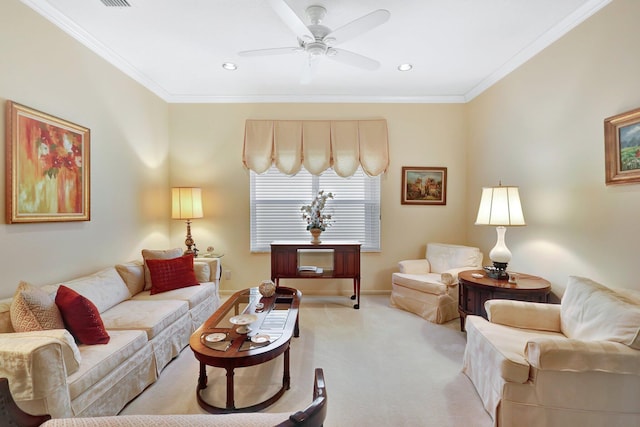 carpeted living room with crown molding and ceiling fan