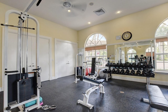 exercise room featuring a wealth of natural light and ceiling fan