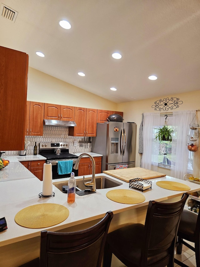 kitchen featuring tasteful backsplash, lofted ceiling, stainless steel appliances, and sink