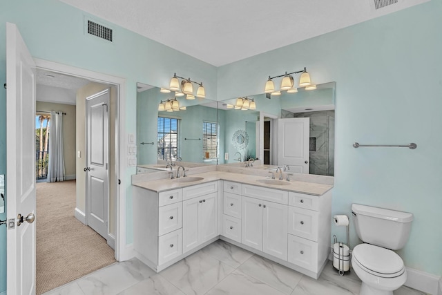 bathroom featuring walk in shower, vanity, and toilet