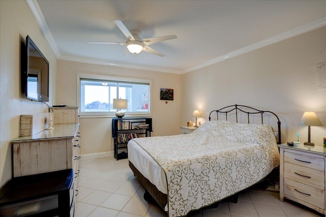 tiled bedroom with crown molding and ceiling fan