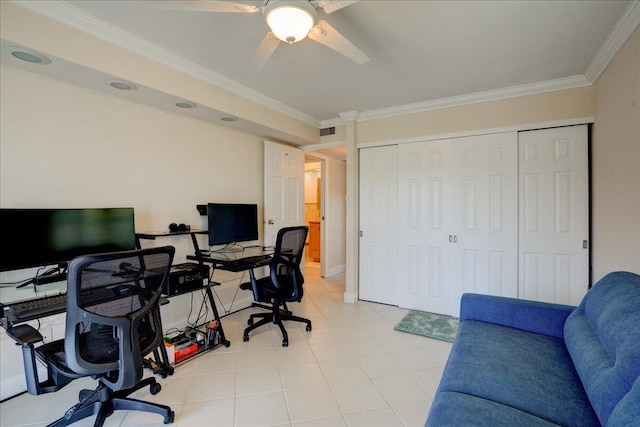 office space featuring crown molding and ceiling fan