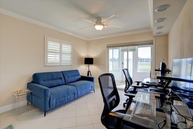 tiled office space with ornamental molding and ceiling fan