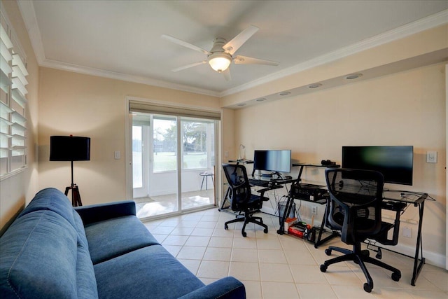 office with light tile patterned flooring, ceiling fan, and ornamental molding