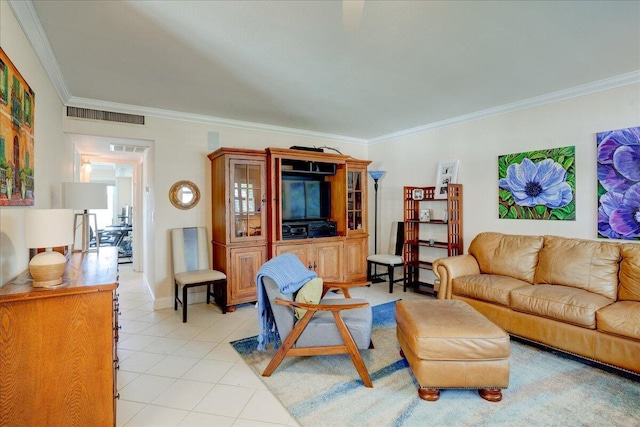 living room with light tile patterned floors and crown molding