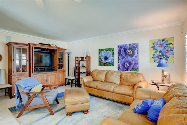 tiled living room featuring crown molding