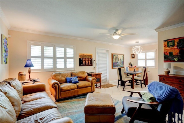 tiled living room with crown molding and ceiling fan