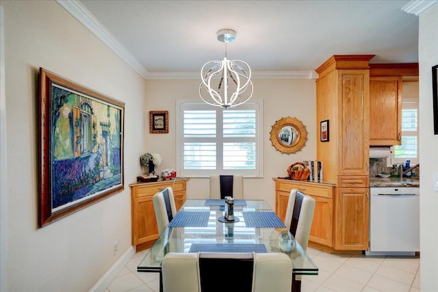 dining space featuring crown molding, light tile patterned floors, and a chandelier