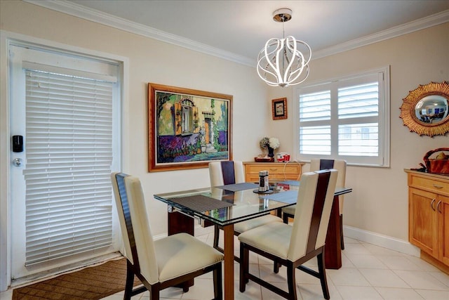 tiled dining room with crown molding and a notable chandelier