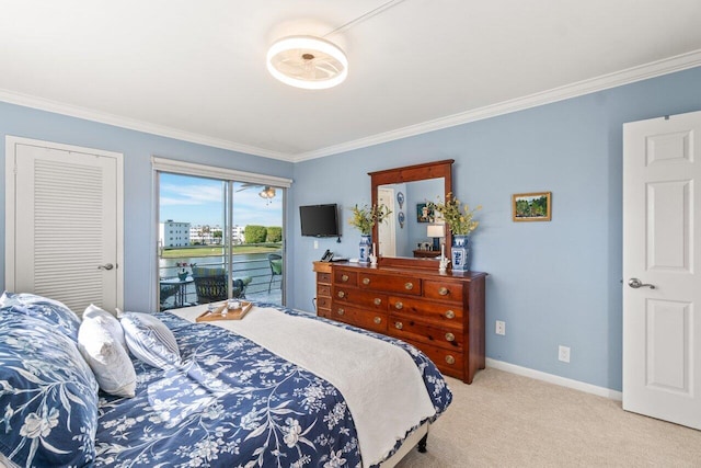 bedroom with crown molding, light carpet, and access to outside