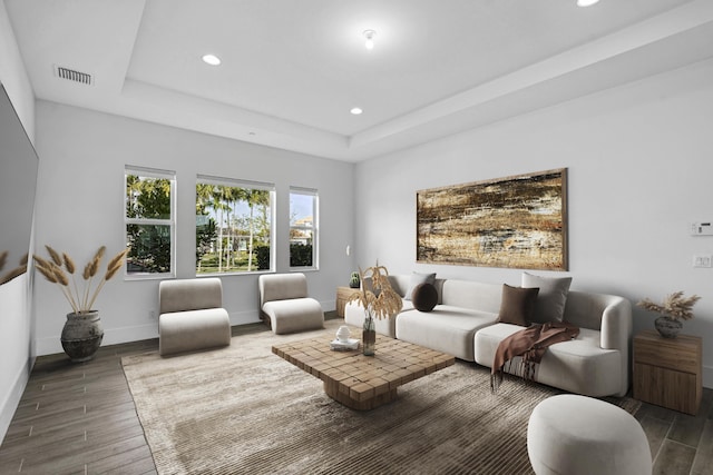 living room with a tray ceiling