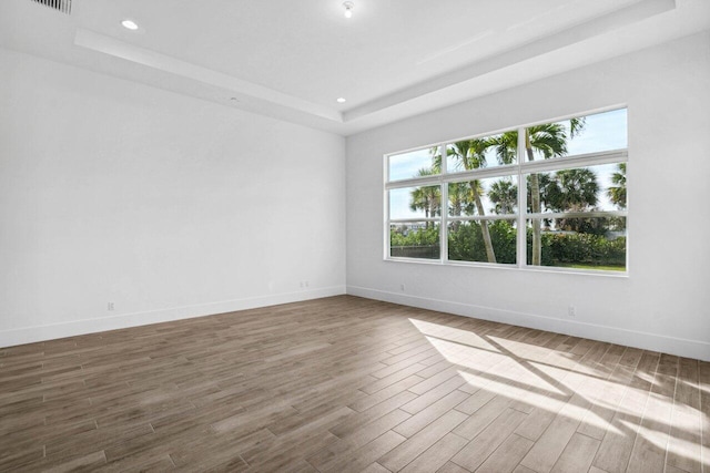 empty room featuring hardwood / wood-style flooring and a tray ceiling