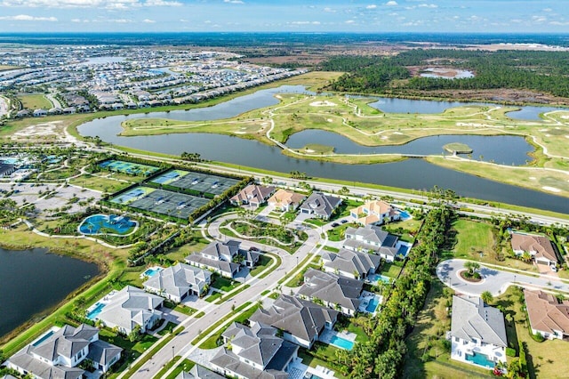 drone / aerial view featuring a water view