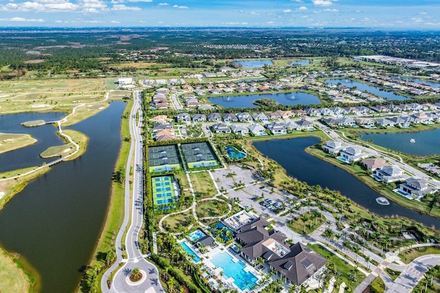 birds eye view of property featuring a water view