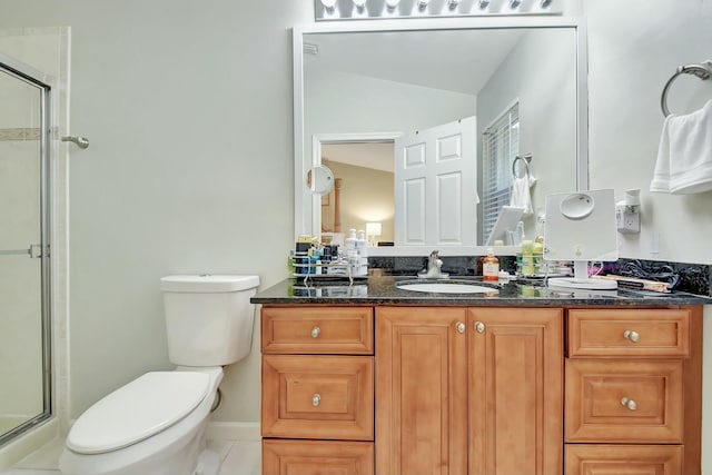 bathroom with vanity, toilet, and a shower with shower door