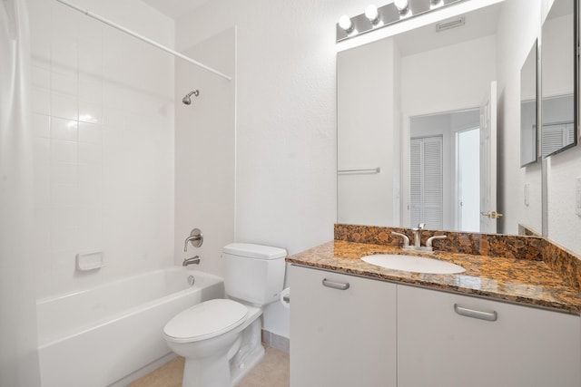 full bathroom with vanity, bathtub / shower combination, and toilet