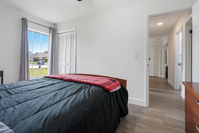 bedroom featuring hardwood / wood-style floors and a closet