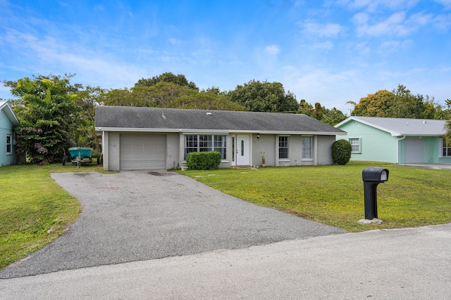 ranch-style home with a garage and a front lawn