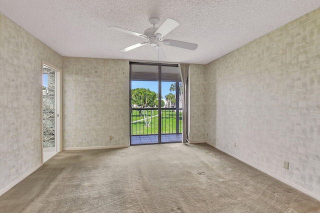 spare room with ceiling fan, carpet, and a textured ceiling