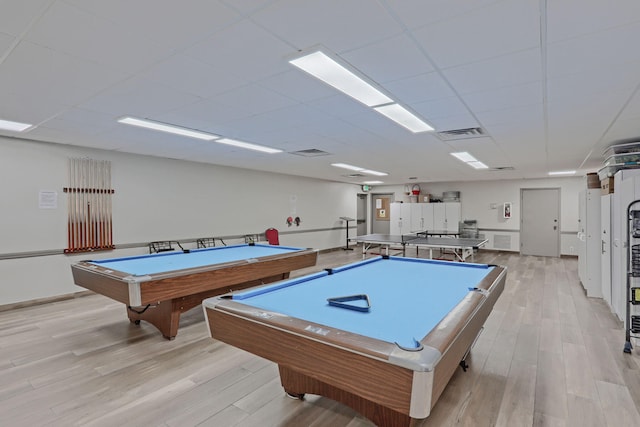 playroom with a paneled ceiling, pool table, and light hardwood / wood-style flooring