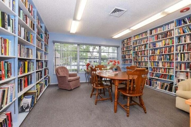 living area with a textured ceiling and carpet flooring