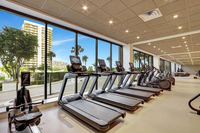 exercise room with expansive windows, plenty of natural light, and a paneled ceiling