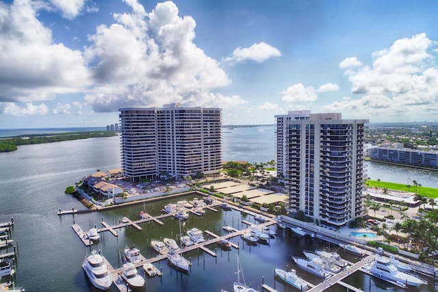 birds eye view of property featuring a water view