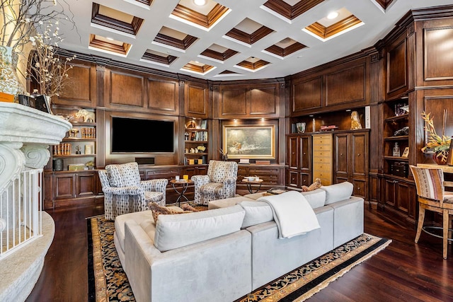 living room featuring built in features, wood walls, beamed ceiling, dark hardwood / wood-style flooring, and ornamental molding