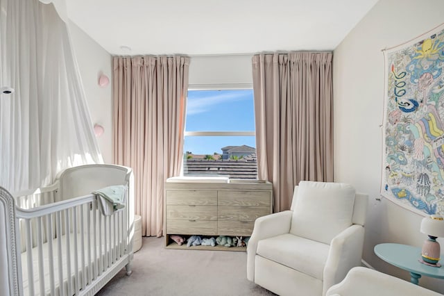 bedroom with a crib and carpet