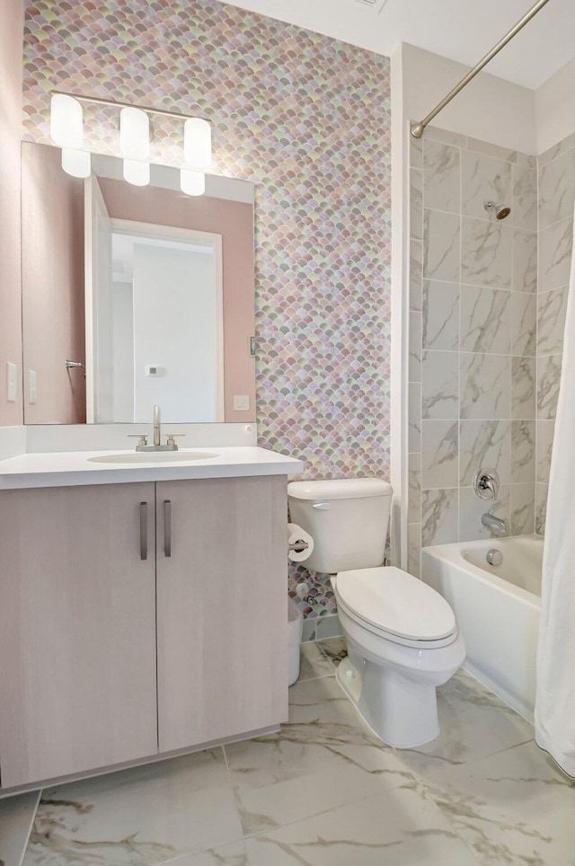 full bathroom featuring vanity, shower / bath combination with curtain, and toilet