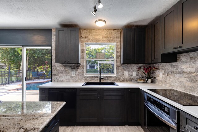 kitchen with sink, dark brown cabinetry, tasteful backsplash, wood-type flooring, and black appliances